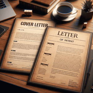An-image-depicting-two-documents-side-by-side-on-a-wooden-desk.-The-left-document-is-labeled-Cover-Letter-and-features-brief-concise-text-specific